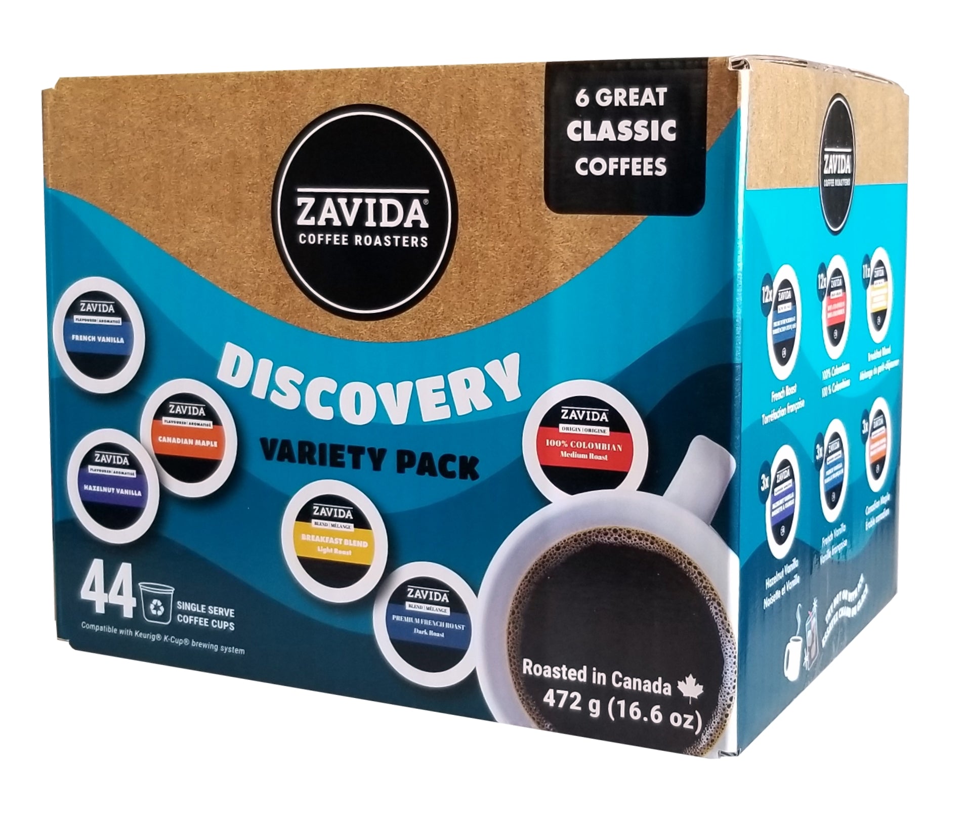 Zavida Coffee Roaster Discovery Variety Pack, 6 Great Classic Coffee Flavors, 44 K-cups, 475g/1 lb